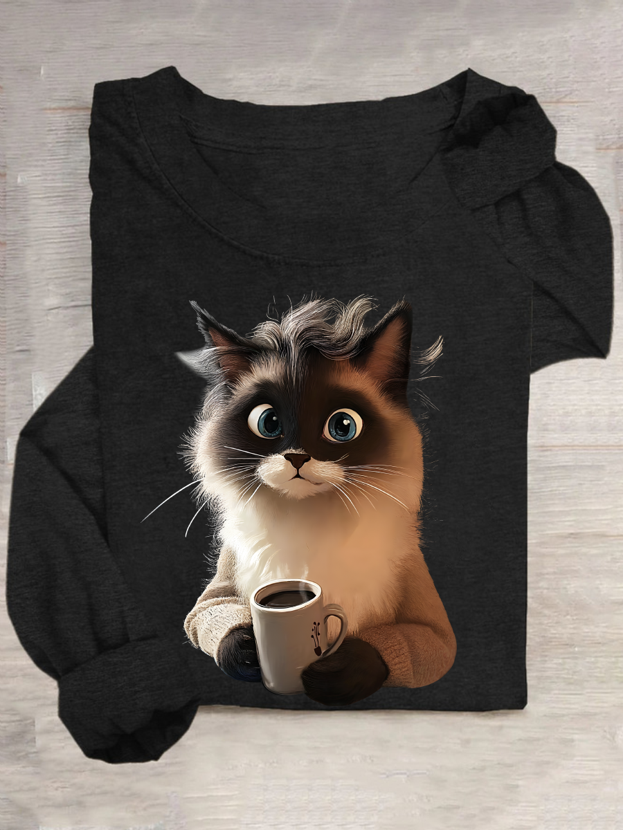 A Cat Drinking Coffee Is Looking At You Casual Long Sleeve Shirt