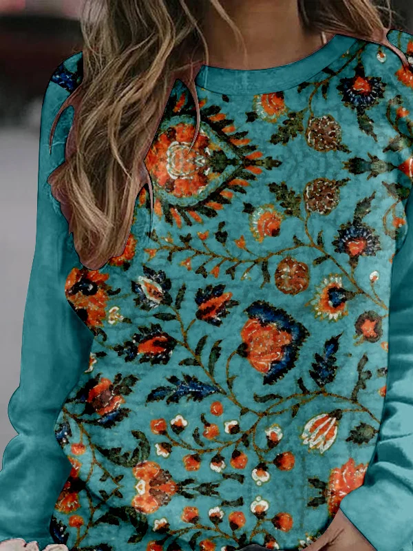 Hippie Crew Neck Loose Casual Floral Sweatshirt