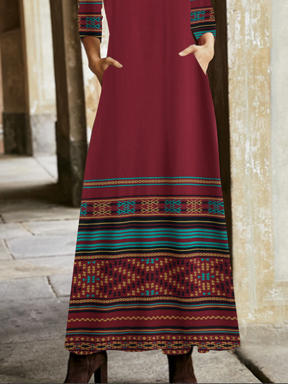 Ethnic Regular Fit V Neck Vintage Dress