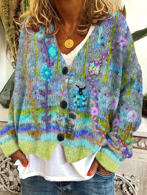 Yarn/Wool Yarn Floral Casual Cardigan