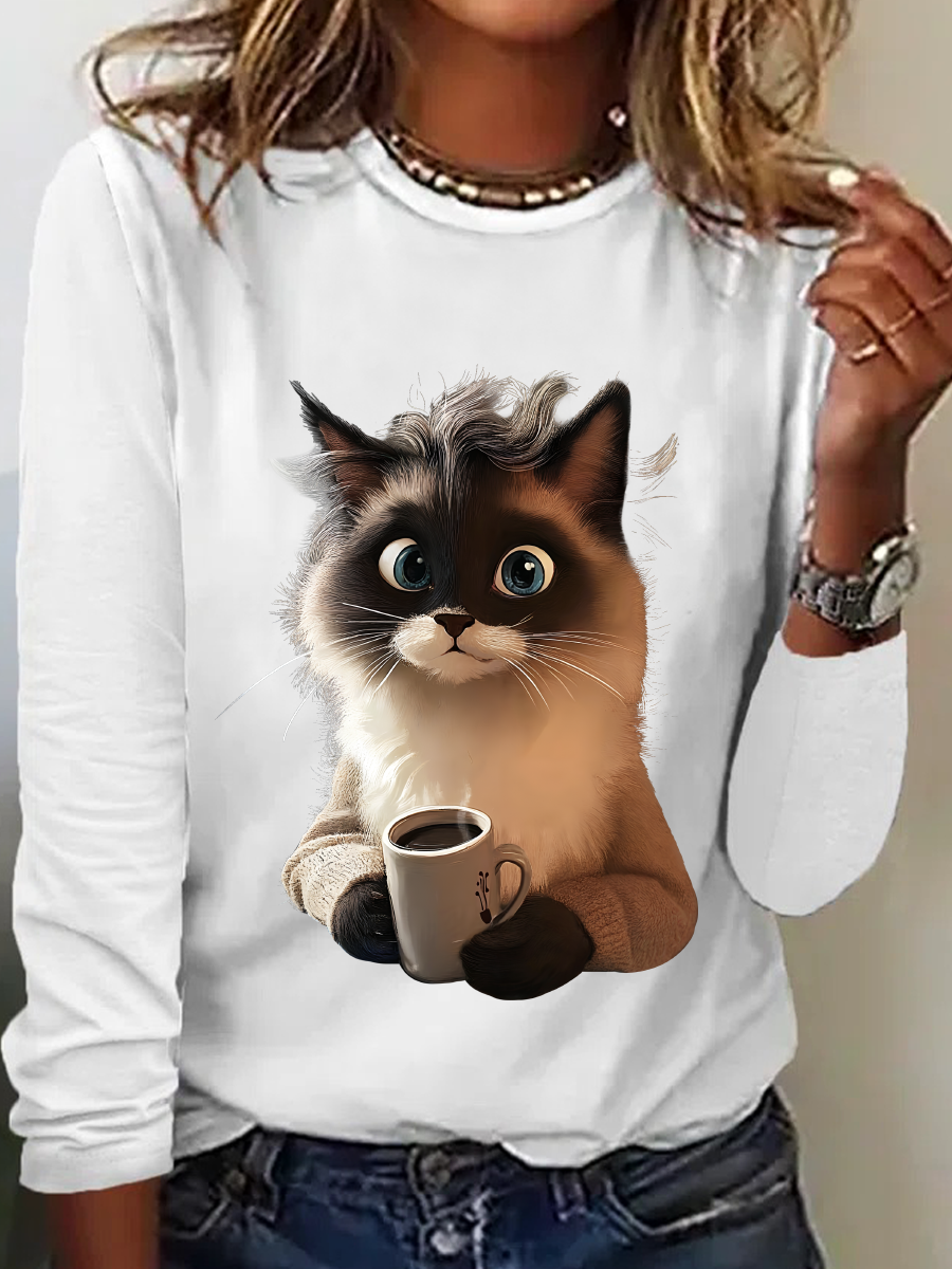 A Cat Drinking Coffee Is Looking At You Casual Long Sleeve Shirt