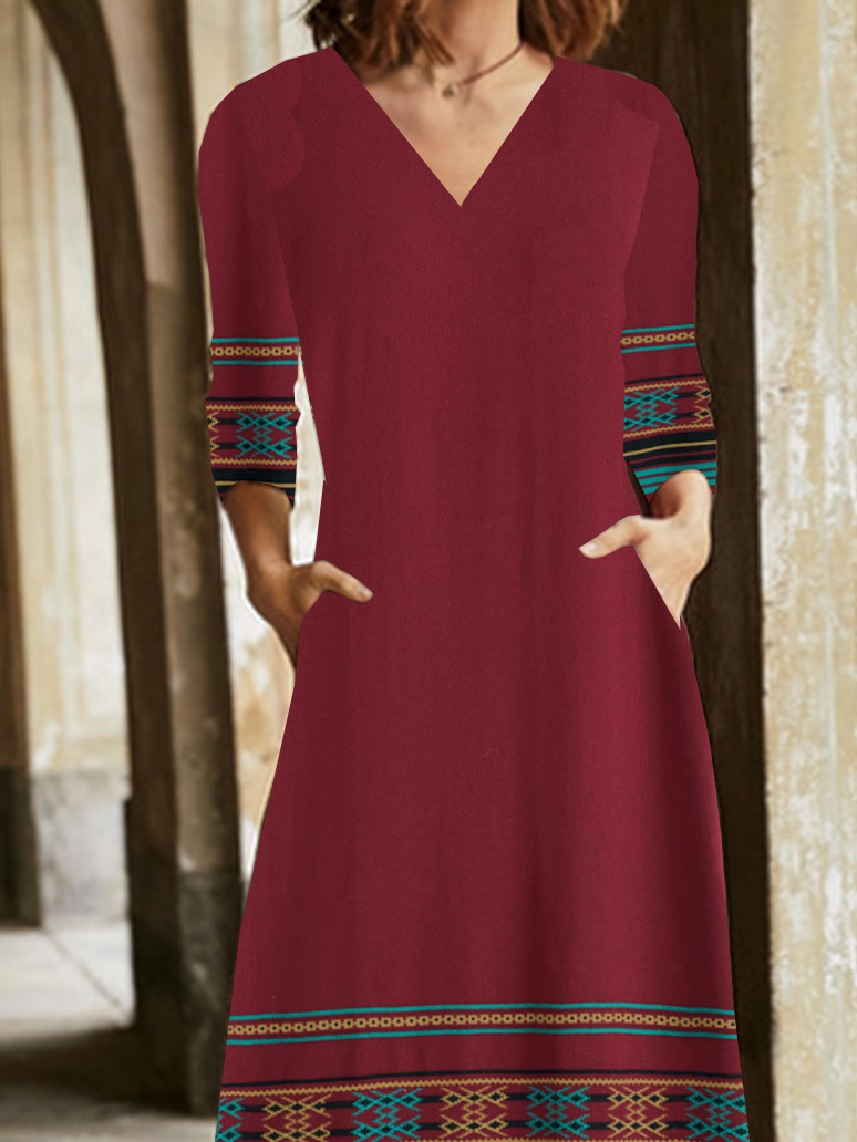 Ethnic Regular Fit V Neck Vintage Dress