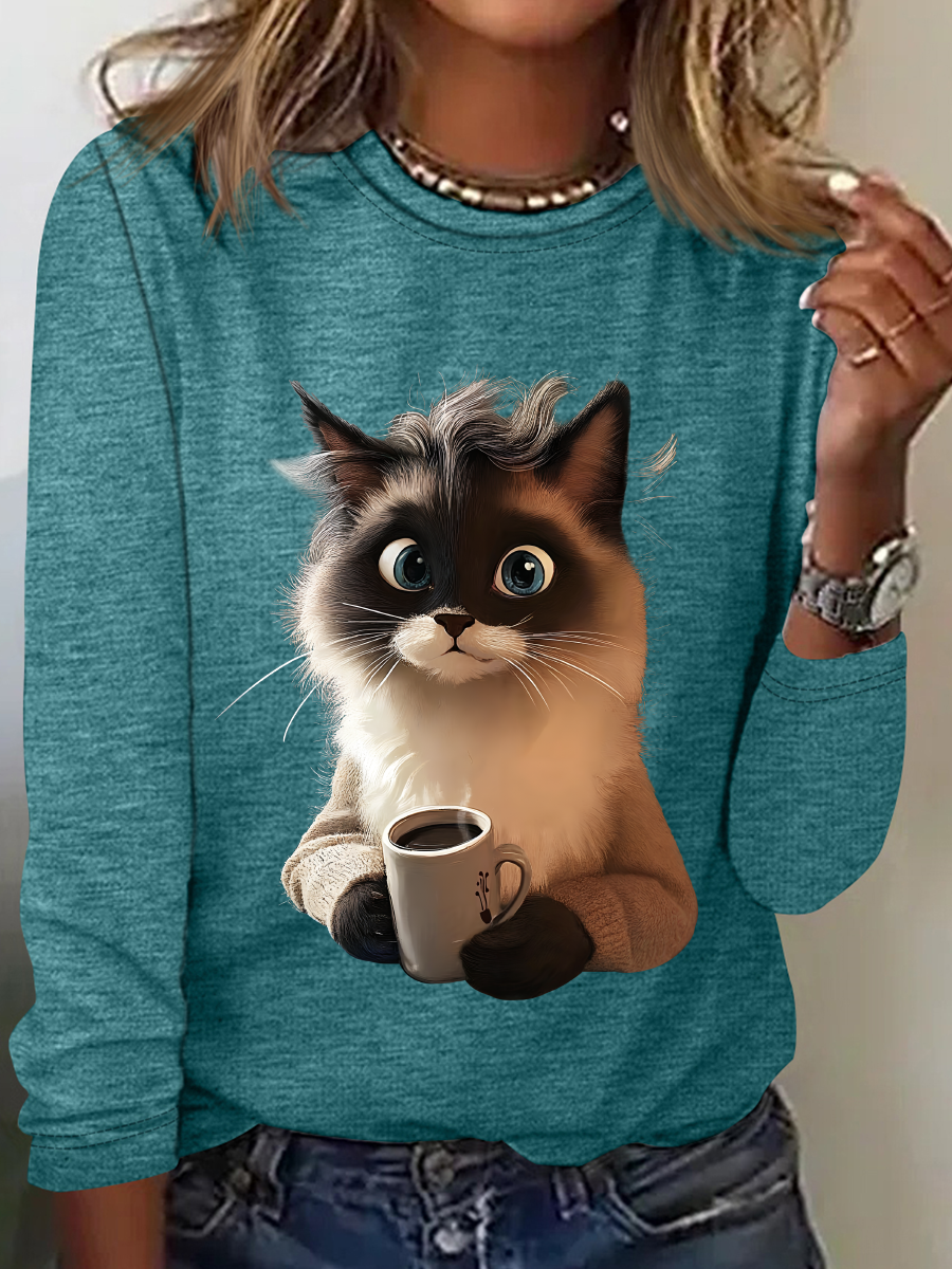 A Cat Drinking Coffee Is Looking At You Casual Long Sleeve Shirt