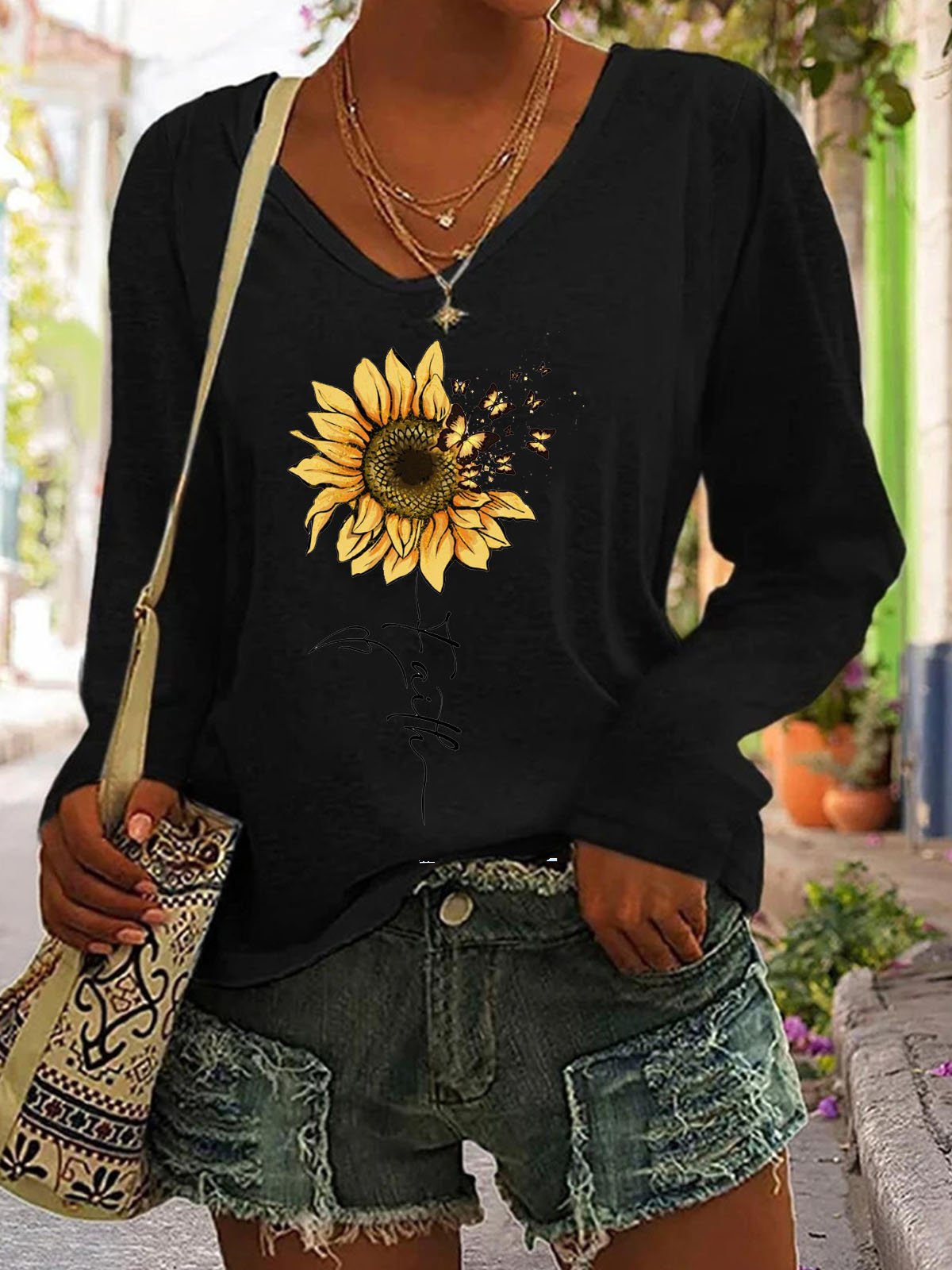 Sunflower Butterfly Printed Round Neck T-shirt