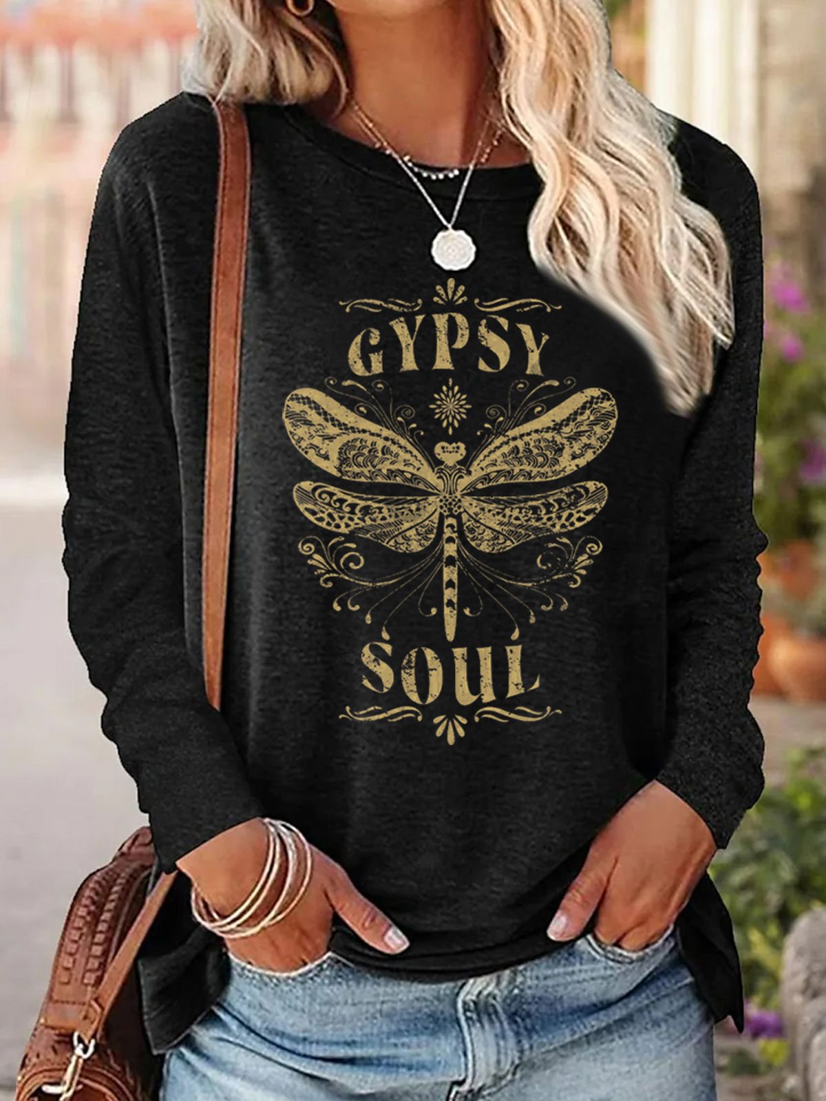 Crew Neck Hippie Text Letters Casual Loose Blouse