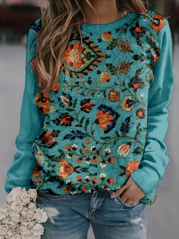 Hippie Crew Neck Loose Casual Floral Sweatshirt