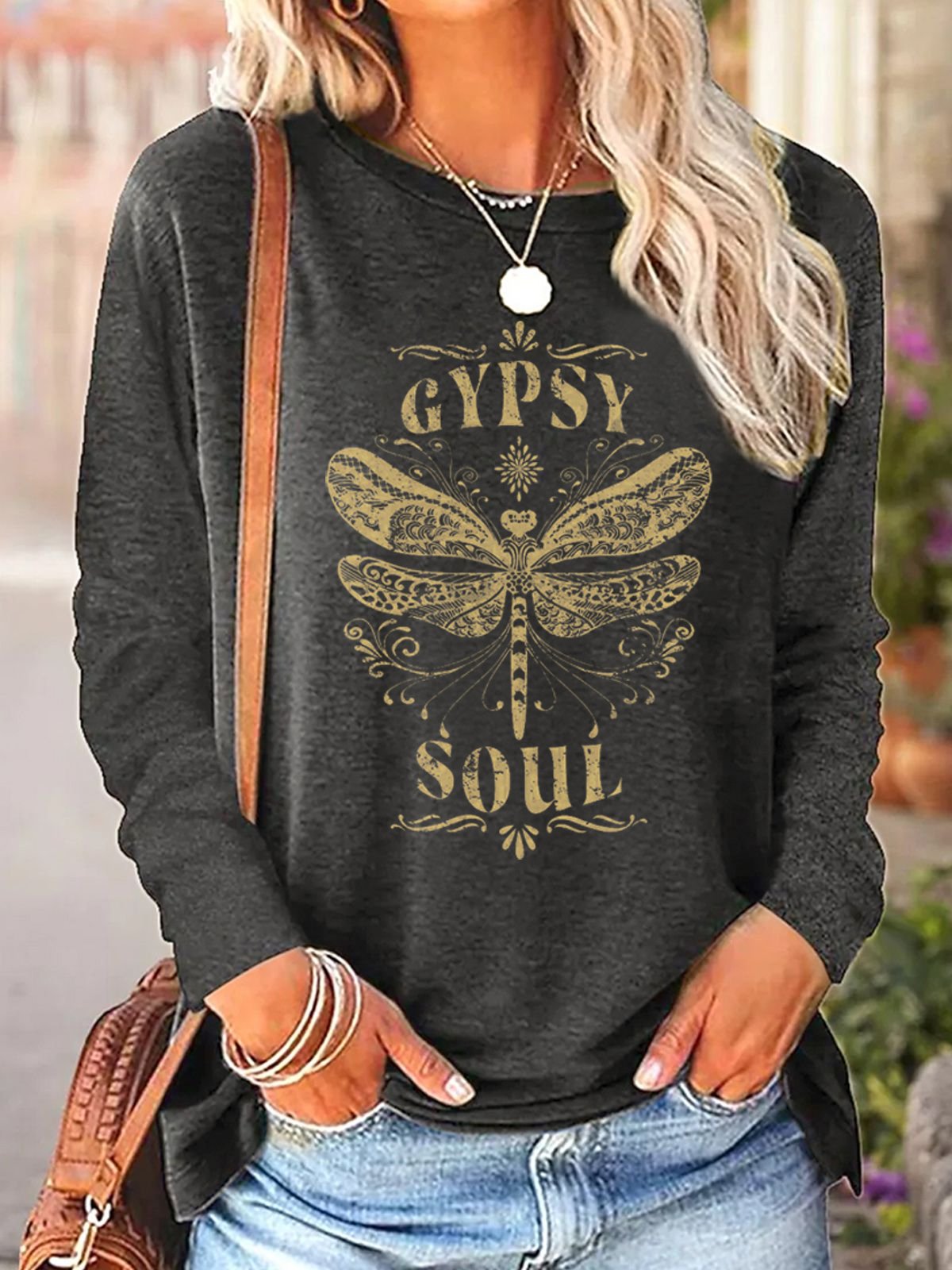 Crew Neck Hippie Text Letters Casual Loose Blouse