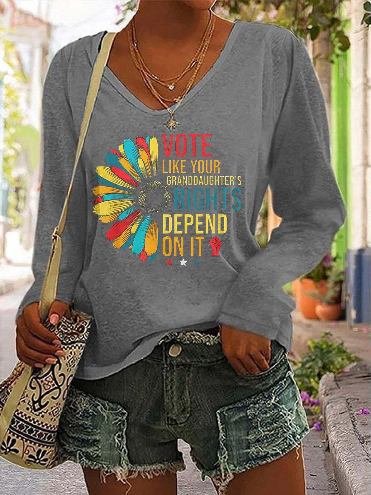 Vote Like Your Granddaughter'S Rights Depend On It Print V-Neck T-Shirt