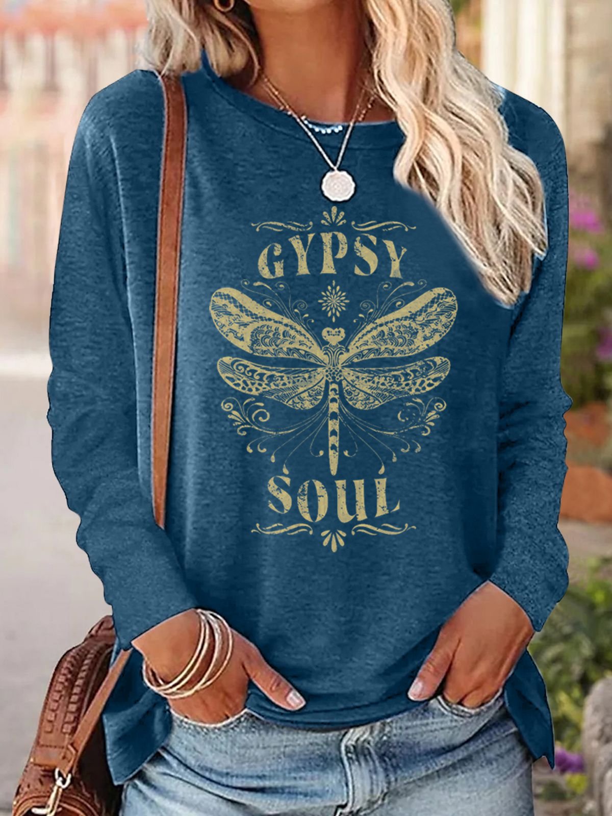 Crew Neck Hippie Text Letters Casual Loose Blouse