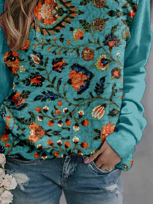 Hippie Crew Neck Loose Casual Floral Sweatshirt