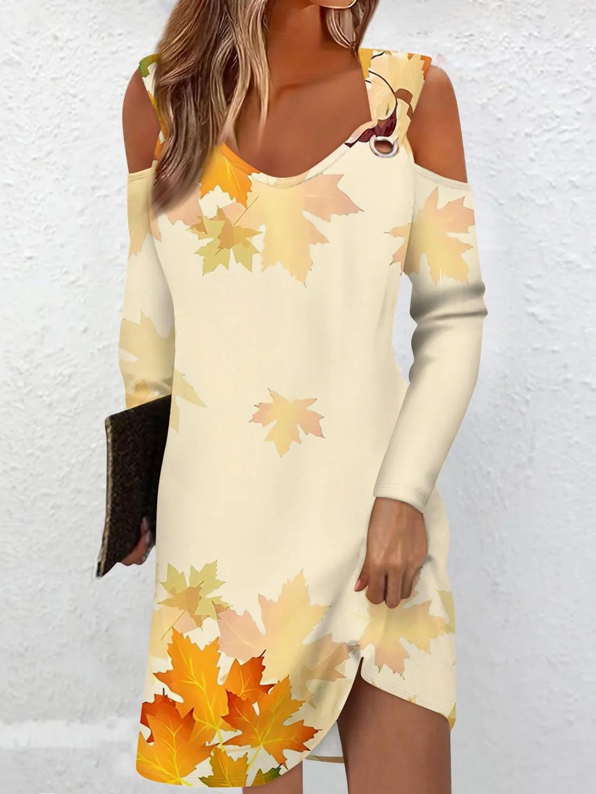 Buckle Casual Cold Shoulder Maple Leaf Dress