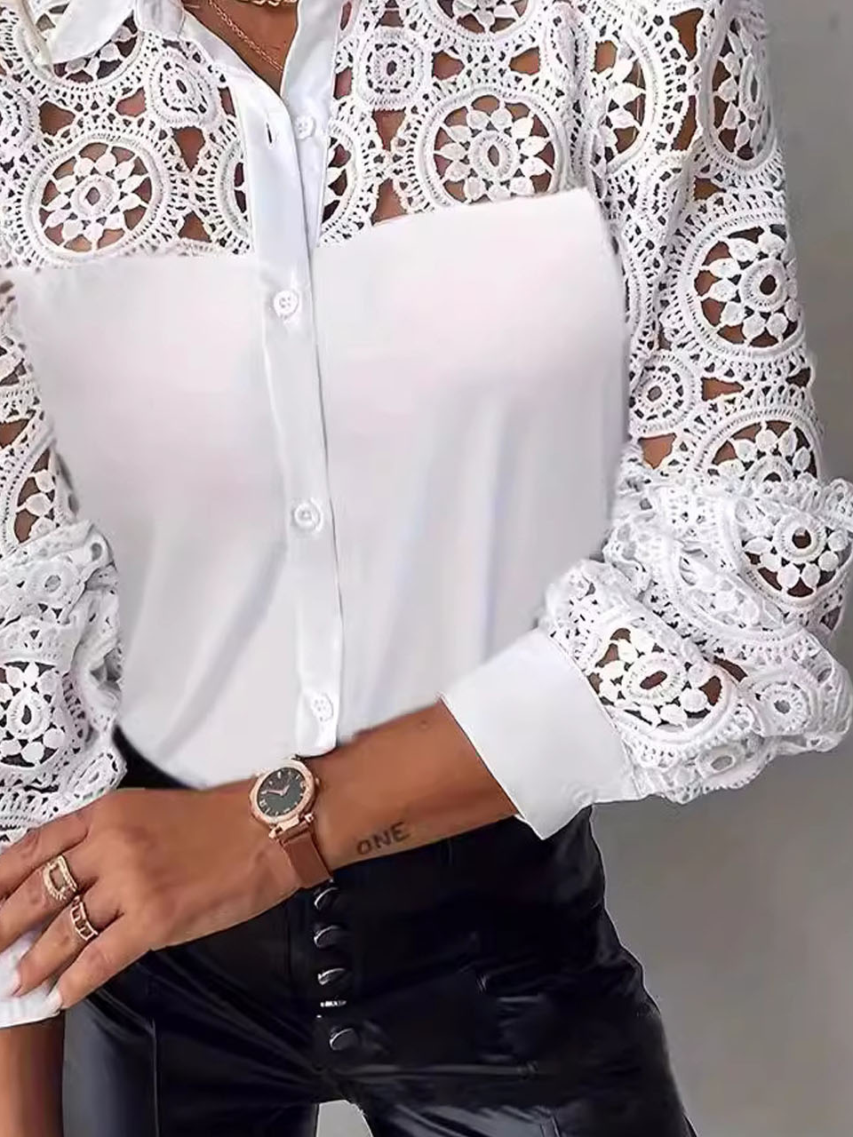 Shirt Collar Casual Lace Shirt