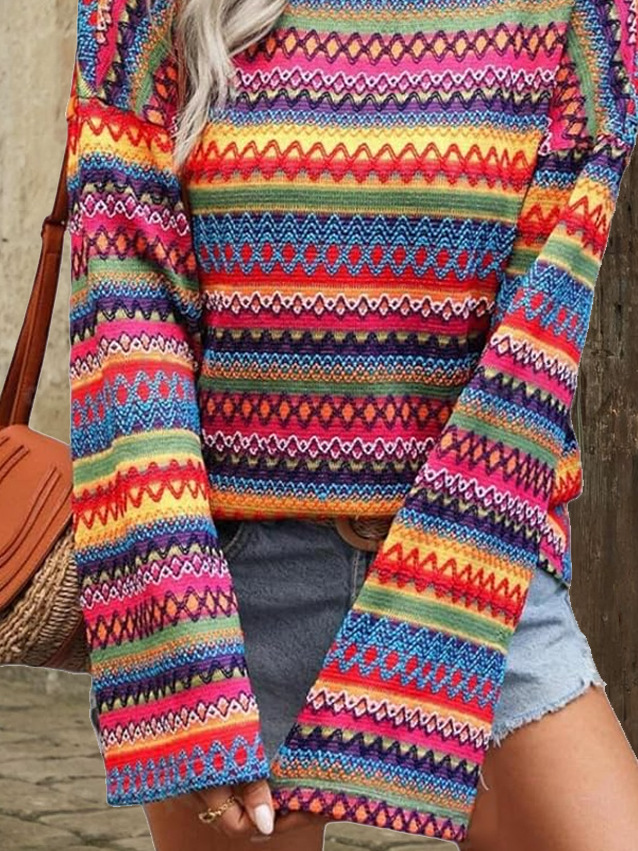 Casual Crew Neck Loose Multicolor Block Blouse