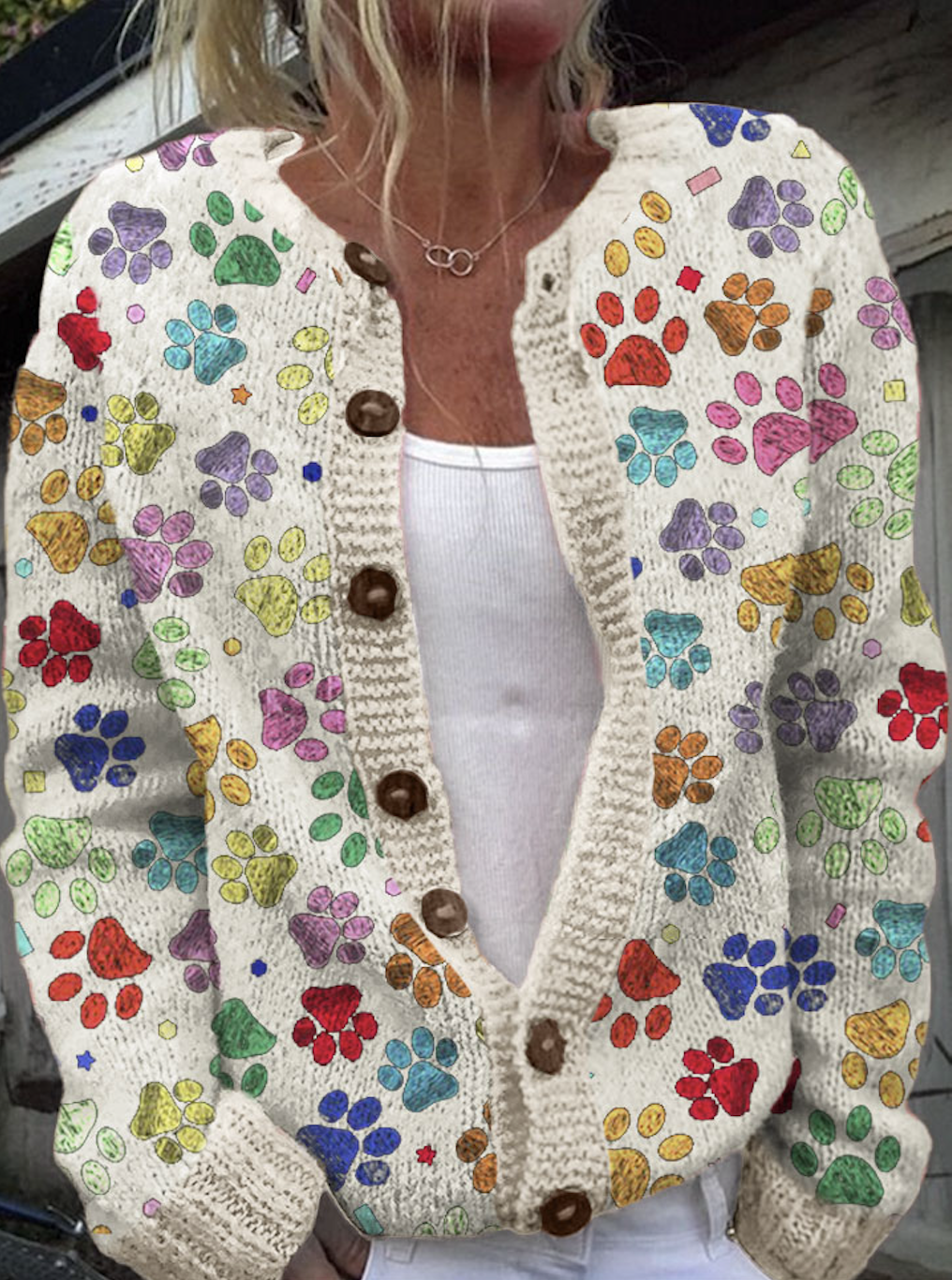 Colorful dog paw button cardigan sweater