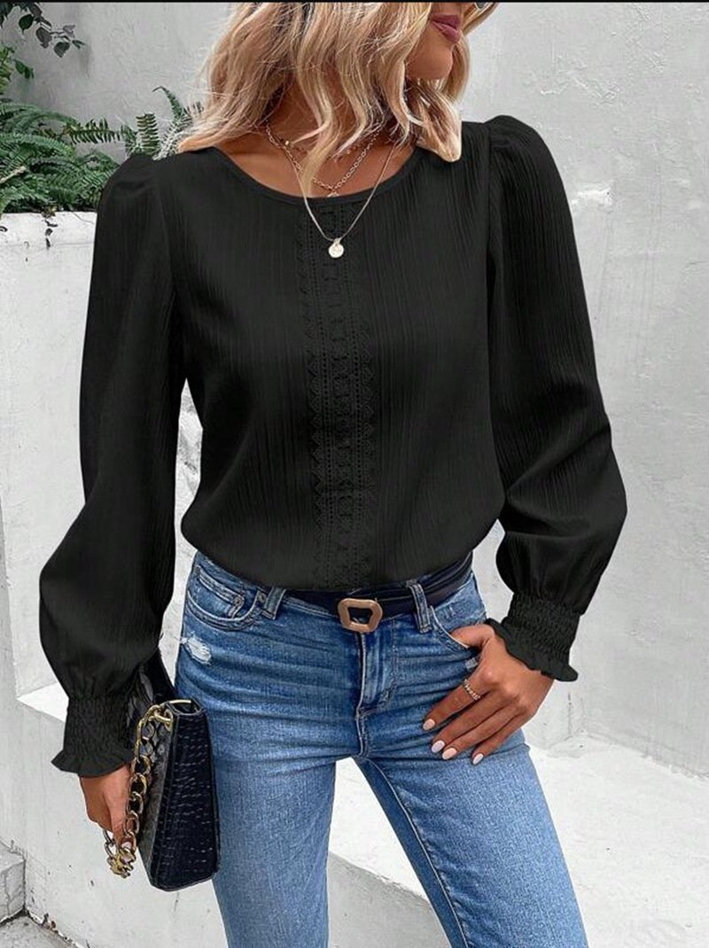 Casual Lace Crew Neck Loose Blouse