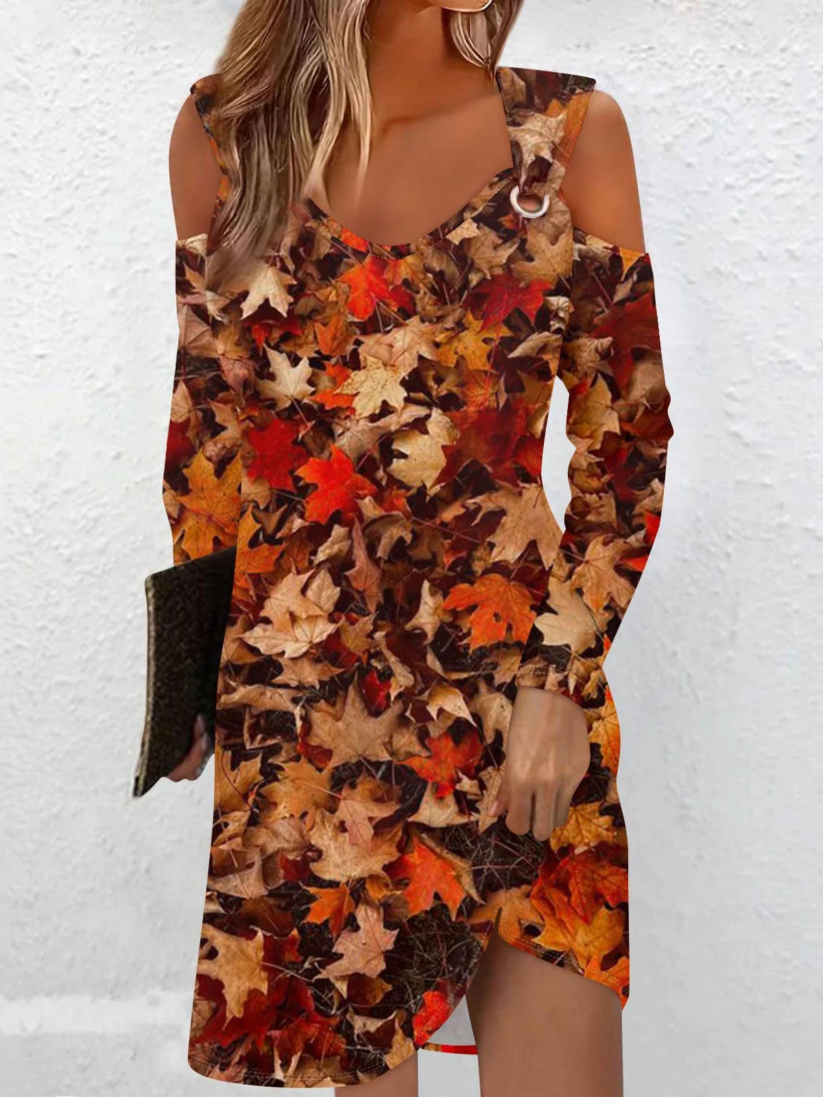 Buckle Casual Cold Shoulder Maple Leaf Dress