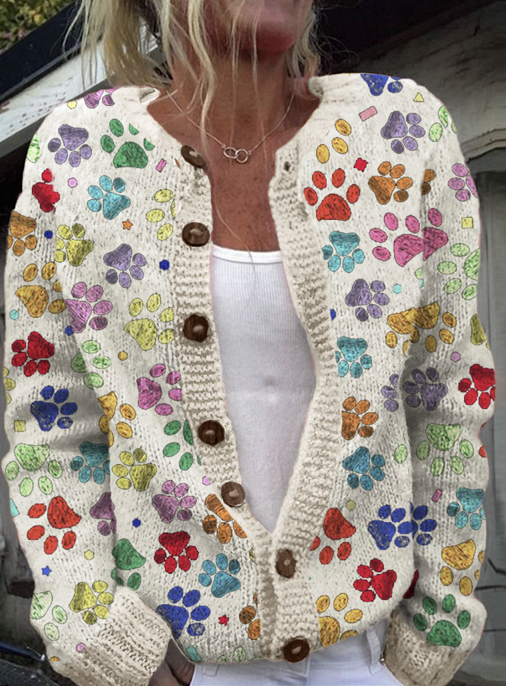 Colorful dog paw button cardigan sweater