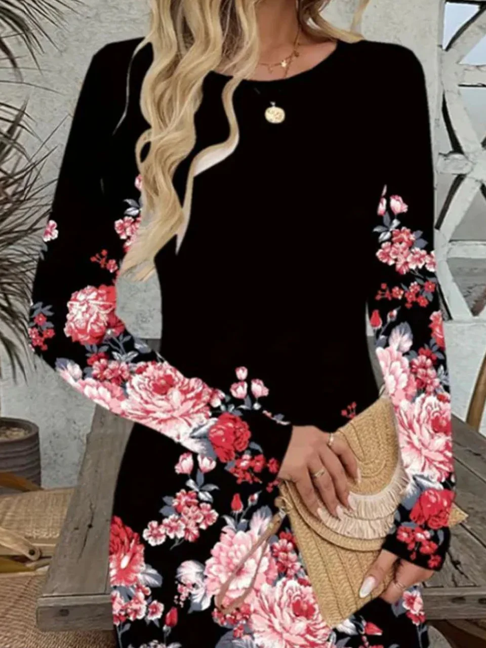 Floral printed casual round neck dress