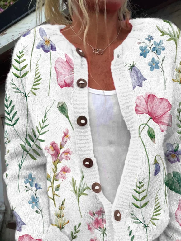 Floral Crew Neck Plants Casual Cardigan