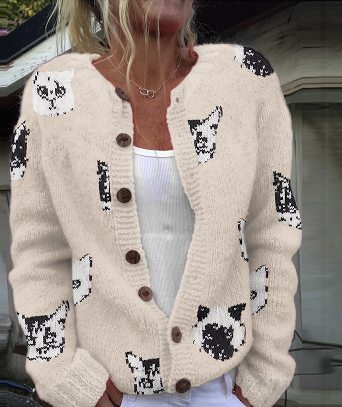 Retro Fun Cat Button Knitted Sweater