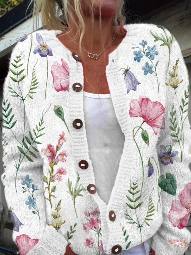 Floral Crew Neck Plants Casual Cardigan