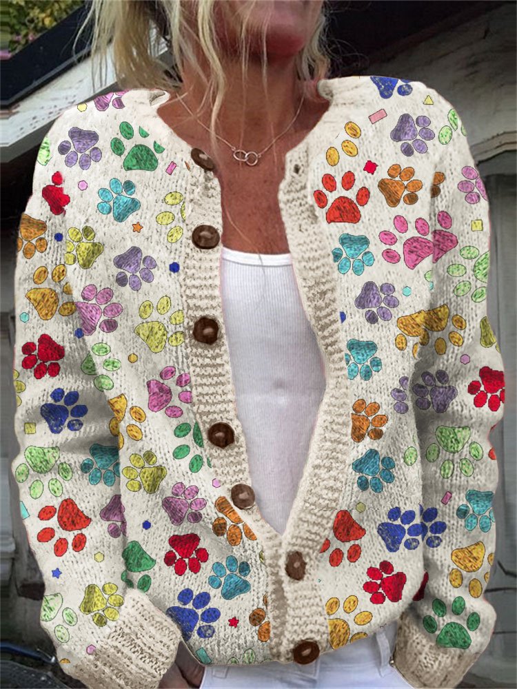 Colorful dog paw button cardigan sweater