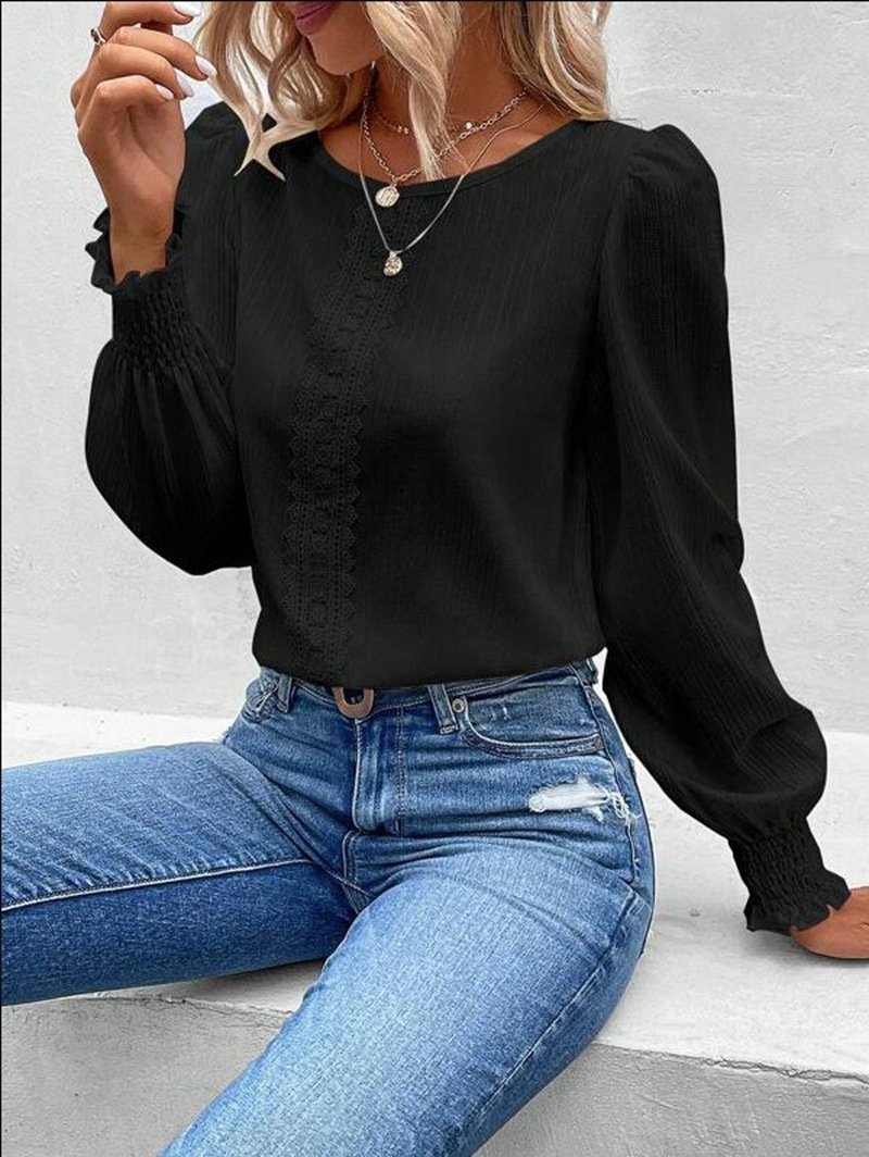 Casual Lace Crew Neck Loose Blouse