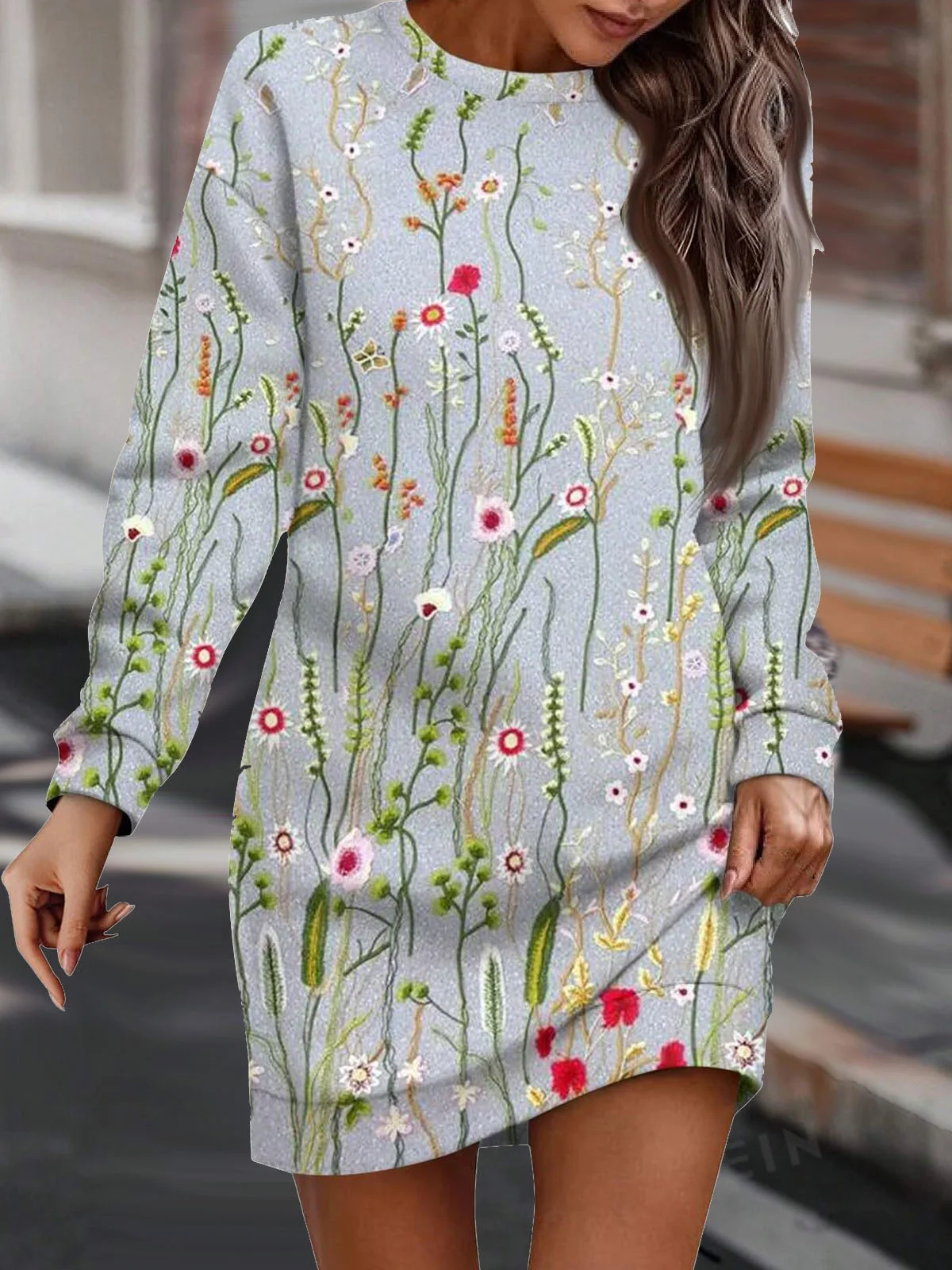 Crew Neck Floral Loose Casual Dress