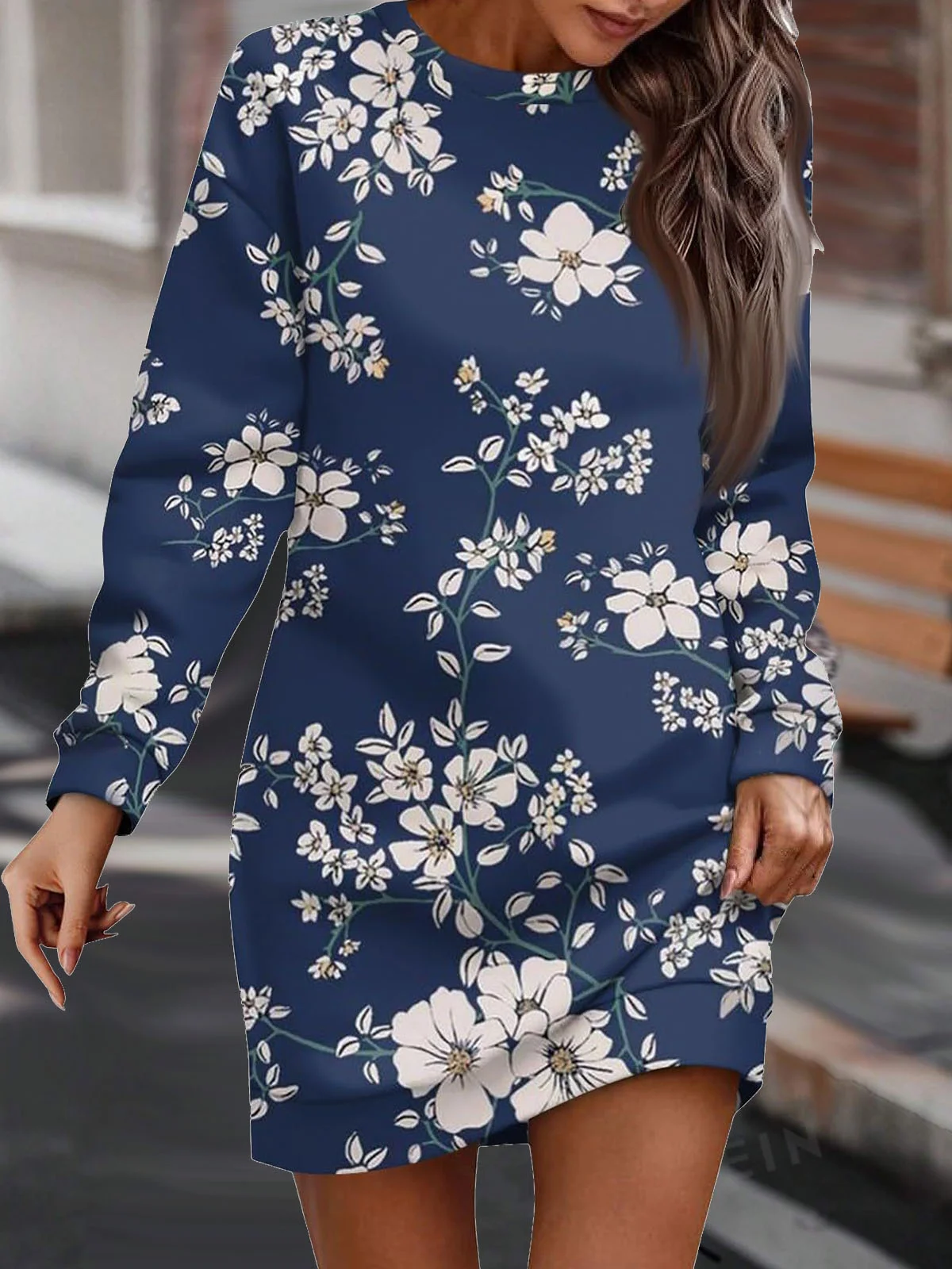 Crew Neck Floral Loose Casual Dress