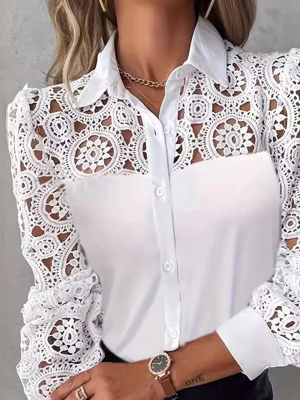 Shirt Collar Casual Lace Shirt