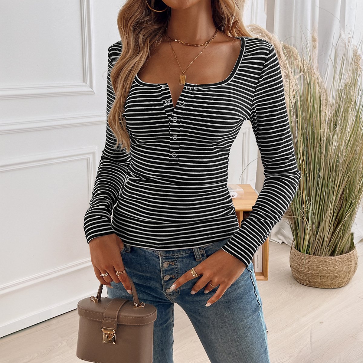 Casual Loose Jersey Striped Blouse