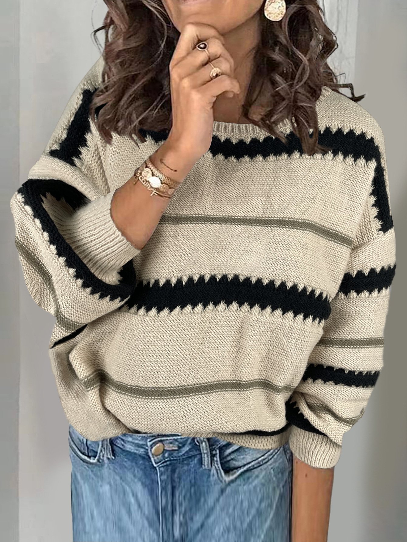 Striped V Neck Loose Casual Sweater