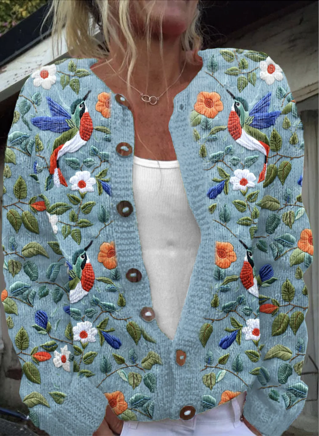 Flower hummingbird art button knit cardigan