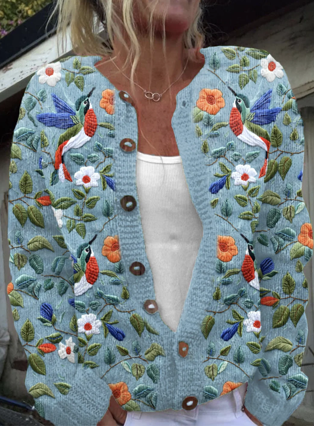 Flower hummingbird art button knit cardigan