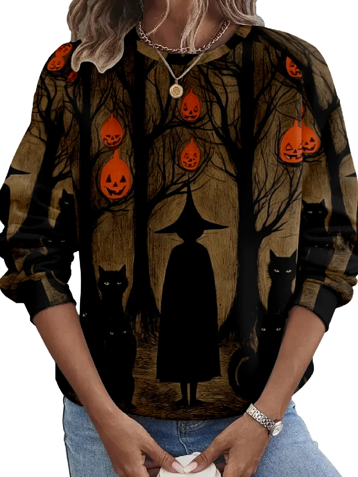 Halloween Scary Witch Pumpkin Round Neck Loose Long Sleeve Sweater