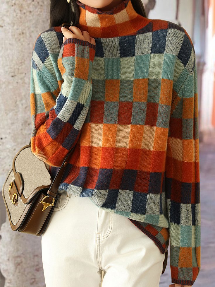 Hippie Abstract Plaid Yarn/Wool Yarn Casual Turtleneck Sweater