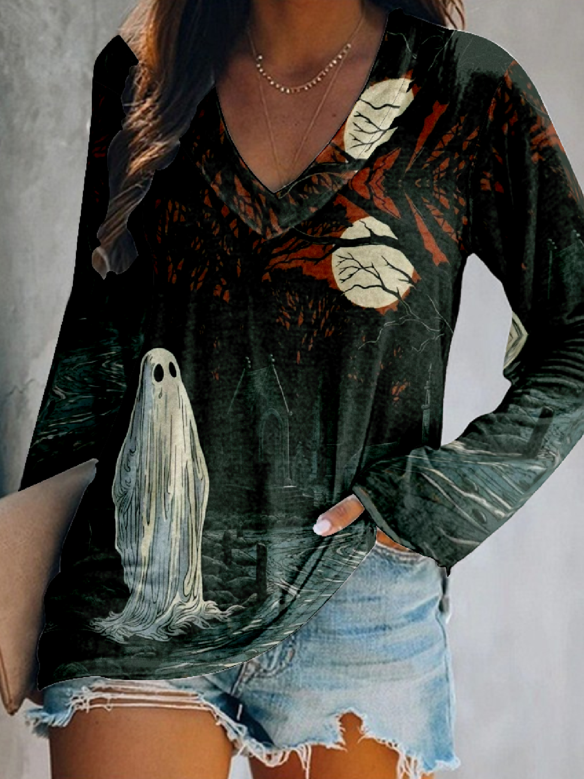 Halloween Horror Ghost Black Cat Pumpkin V-neck Long Sleeve T-shirt Top