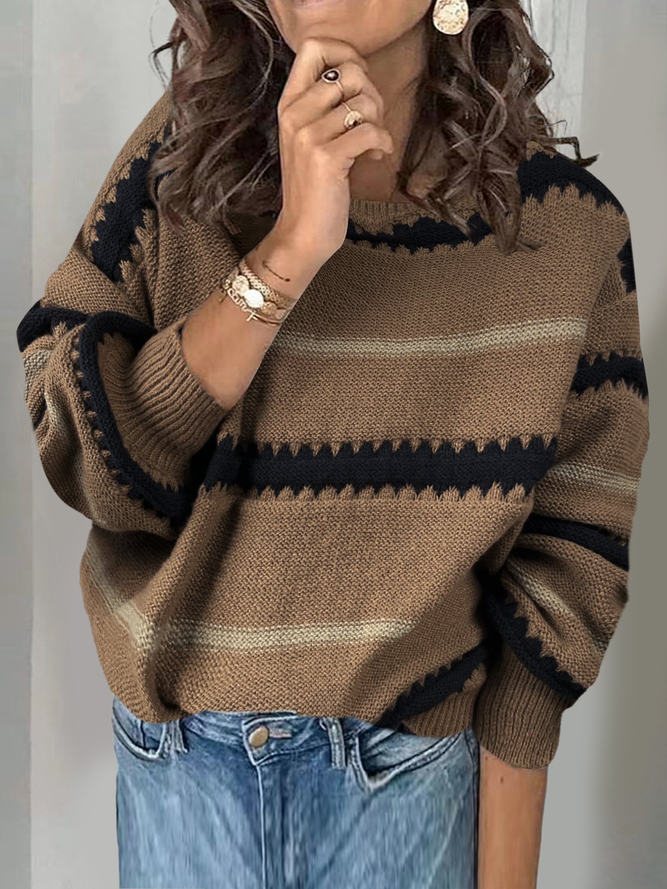 Striped V Neck Loose Casual Sweater