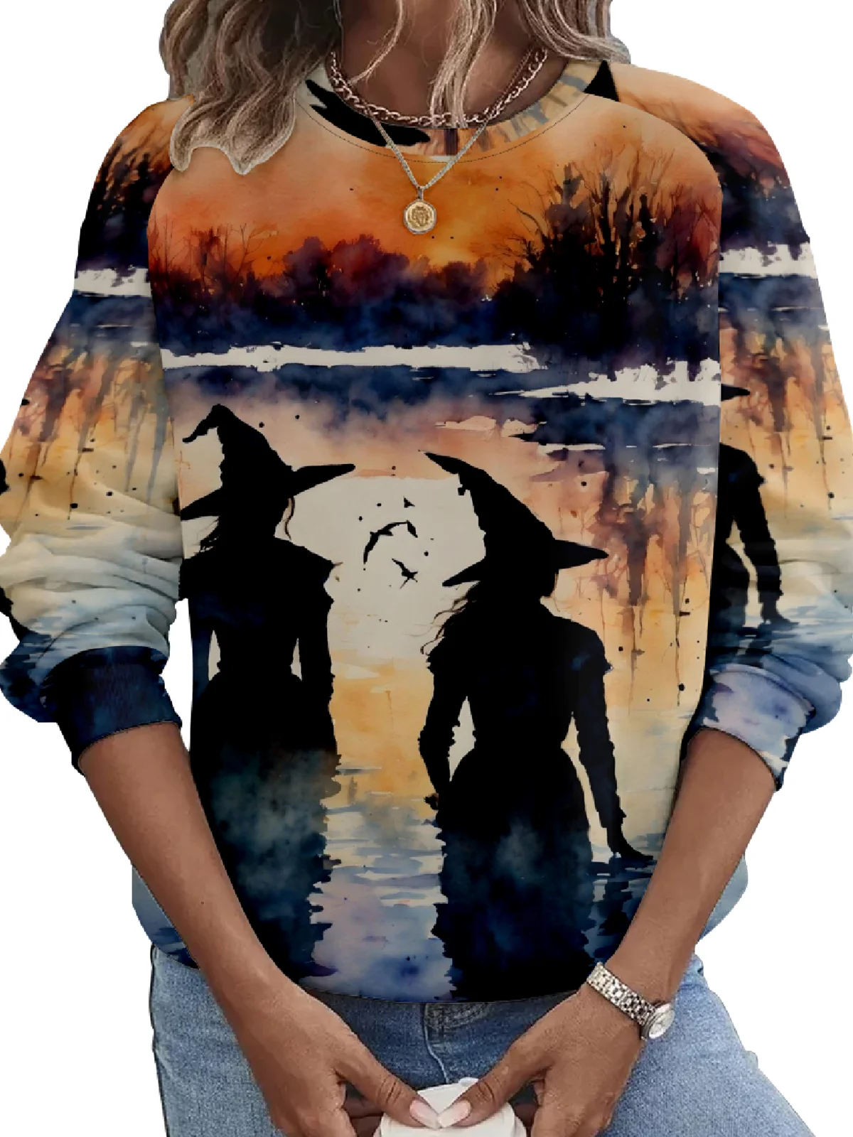 Halloween Scary Witch Pumpkin Round Neck Loose Long Sleeve Sweater