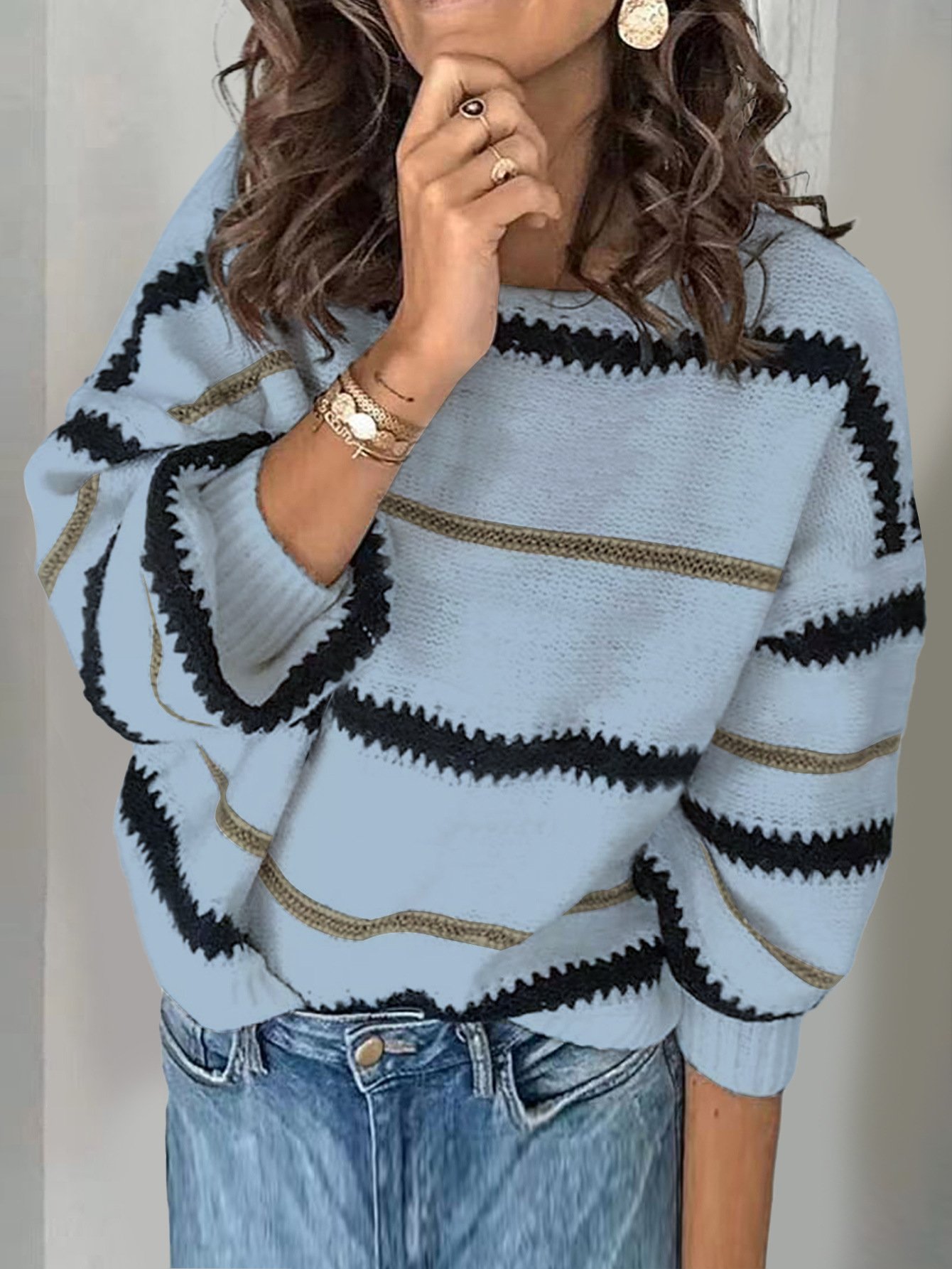 Striped V Neck Loose Casual Sweater