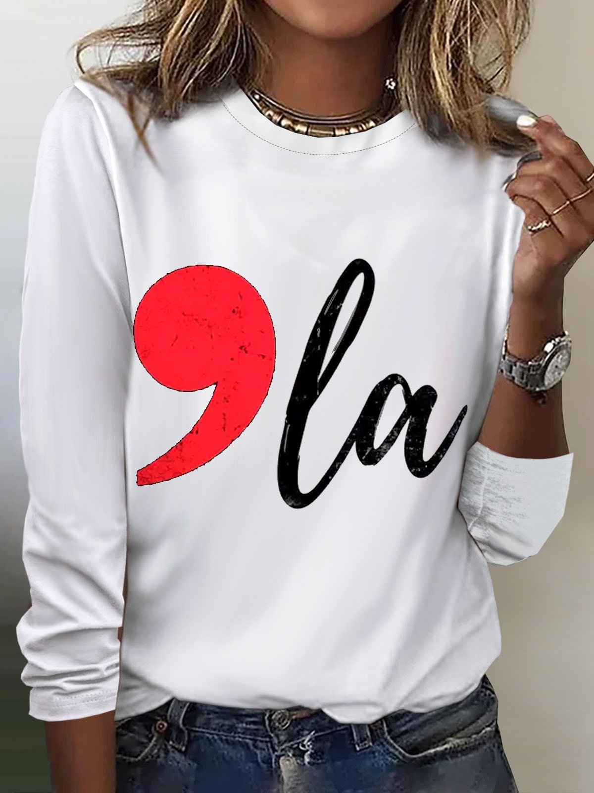 Comma pull fun pattern long sleeved round neck T-shirt