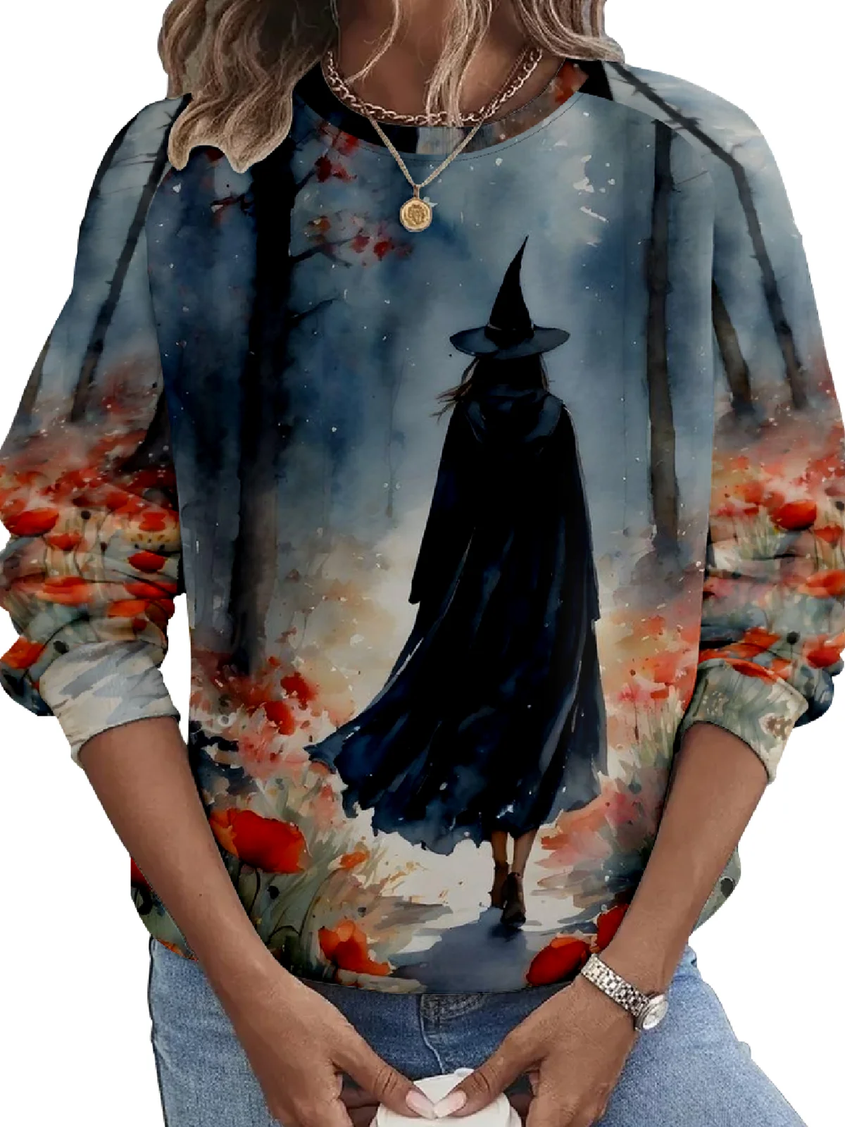 Halloween Scary Witch Pumpkin Round Neck Loose Long Sleeve Sweater