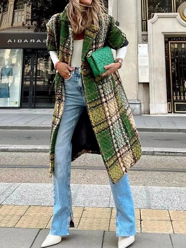 Buckle Casual Loose Plaid Jacket