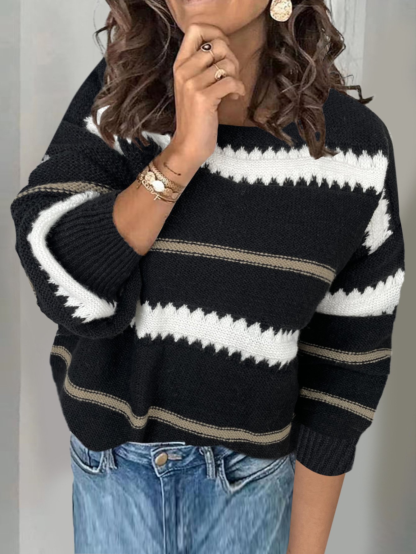 Striped V Neck Loose Casual Sweater