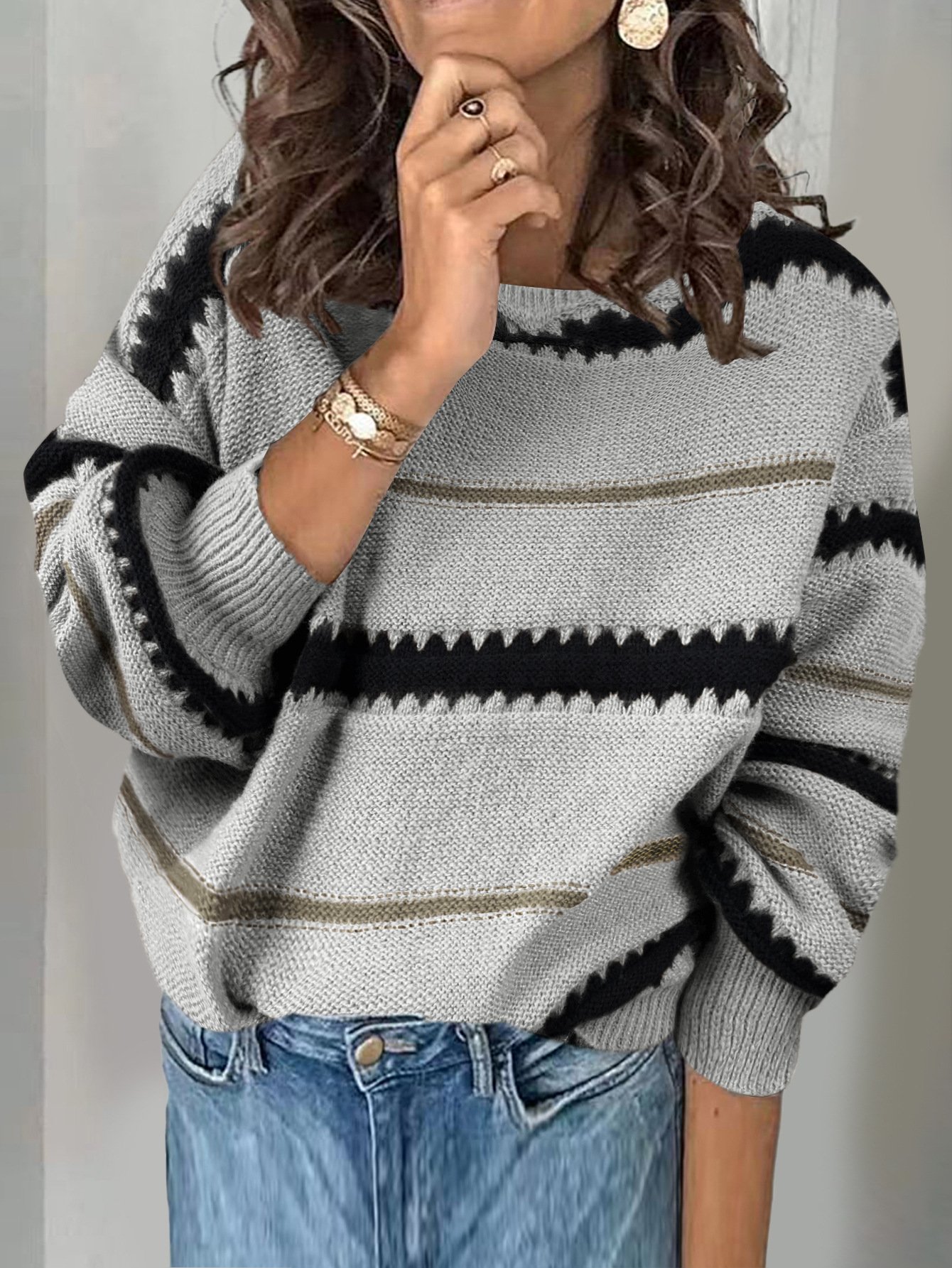 Striped V Neck Loose Casual Sweater