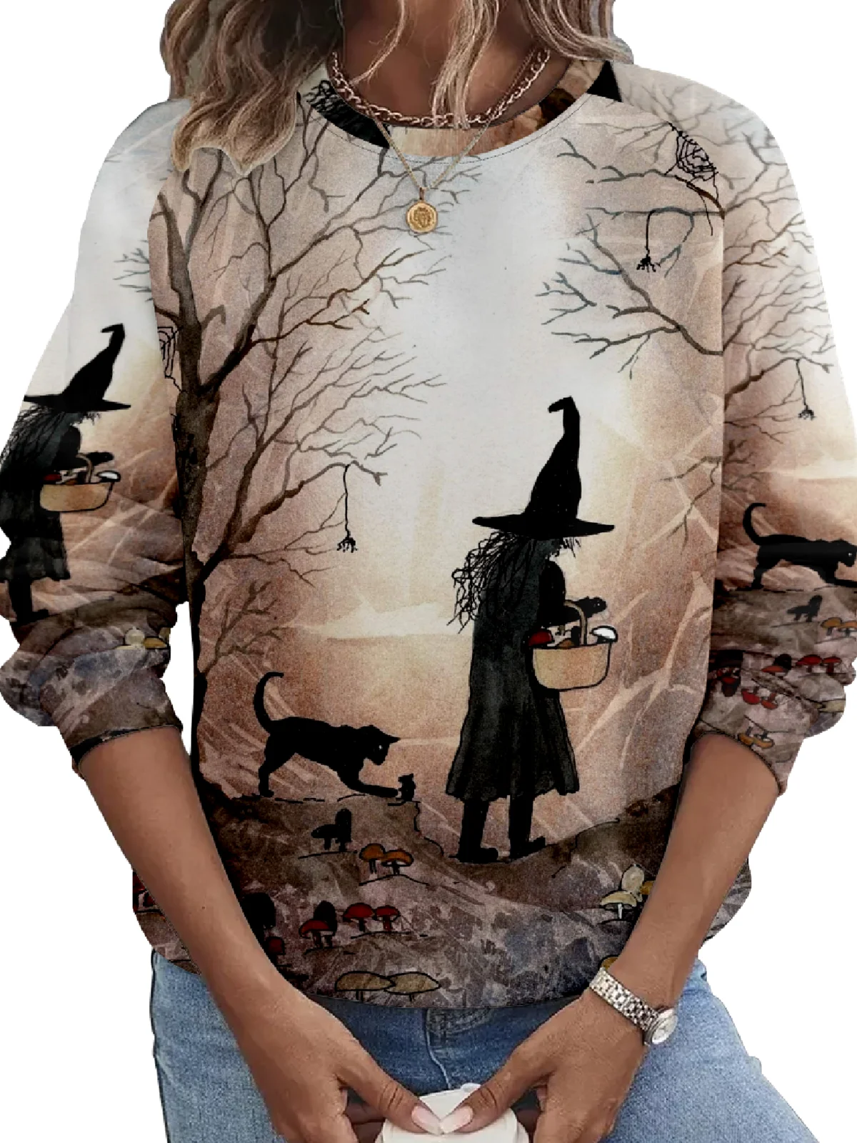 Halloween Scary Witch Pumpkin Round Neck Loose Long Sleeve Sweater