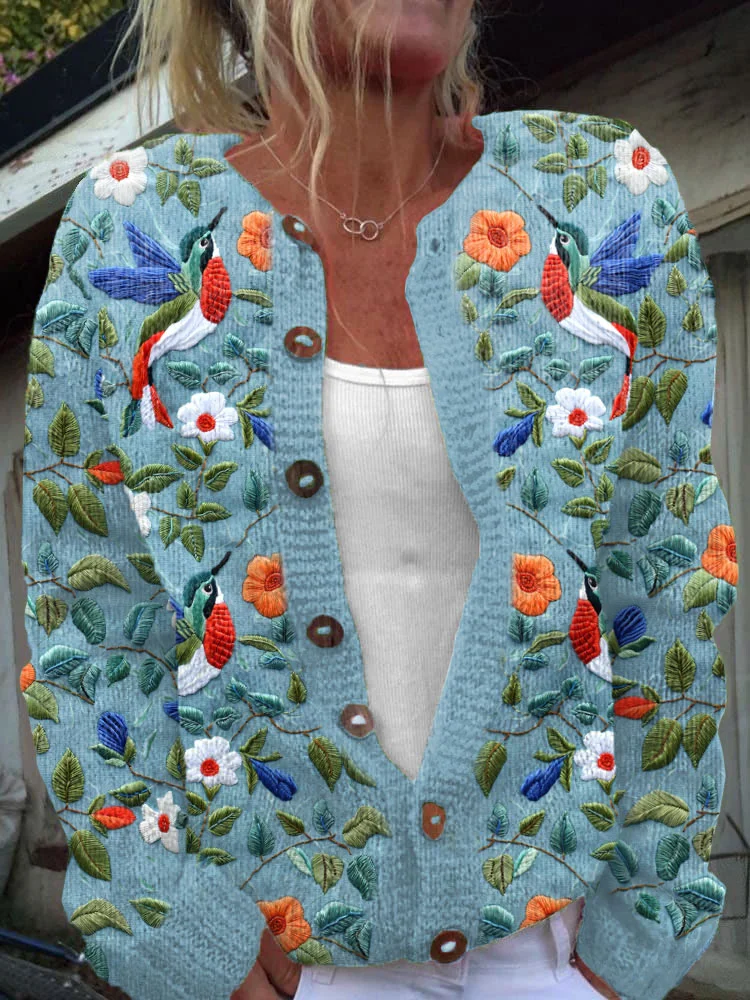 Flower hummingbird art button knit cardigan