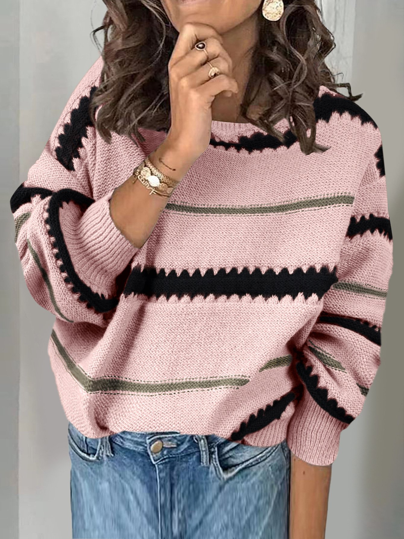 Striped V Neck Loose Casual Sweater