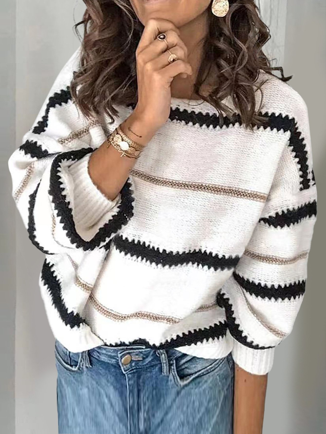 Striped V Neck Loose Casual Sweater