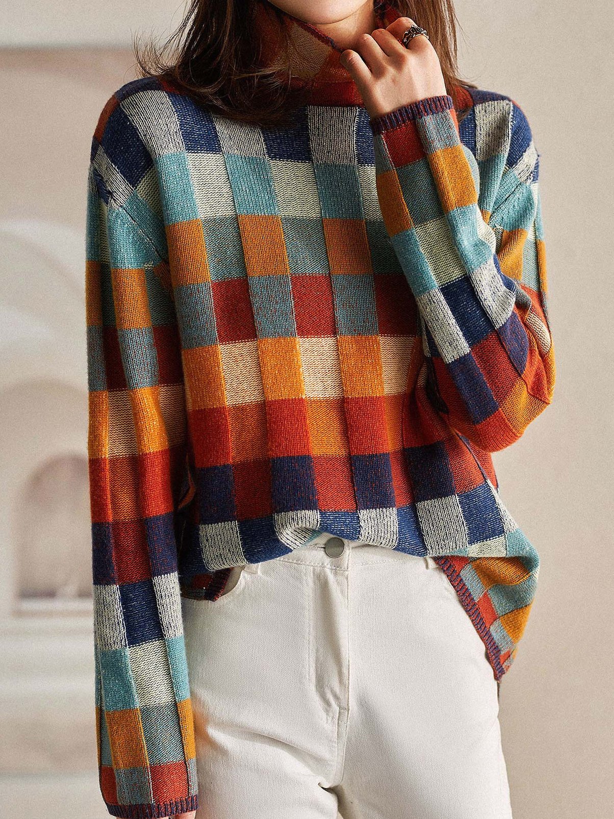 Hippie Abstract Plaid Yarn/Wool Yarn Casual Turtleneck Sweater